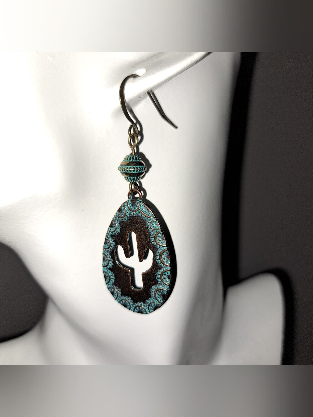 Turquoise Patina Bronze Teardrop Cutout Cactus Earrings, Heavy Duty Ear Hooks